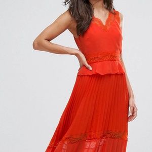 River Island Bright Orange Lace Ruffle Pleated Lace Midi Cocktail Dress